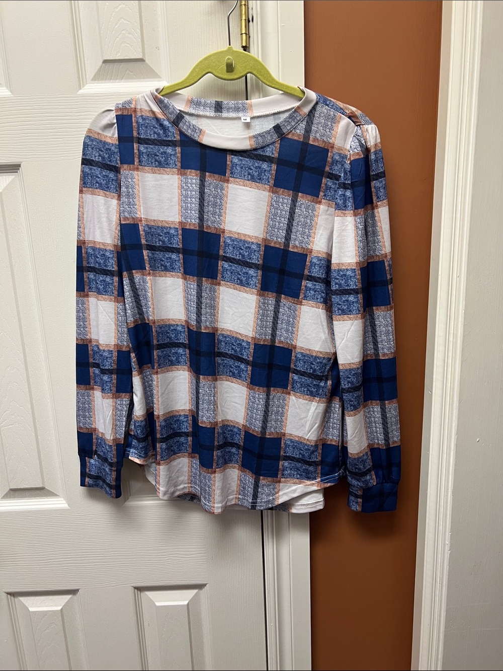 Women's Blue & White Plaid Long-Sleeve Tee with Tan Accents